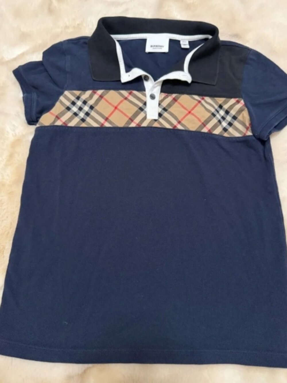 Authentic Burberry Kids Navy Iconic Check Panel Polo Shirt Boys 14